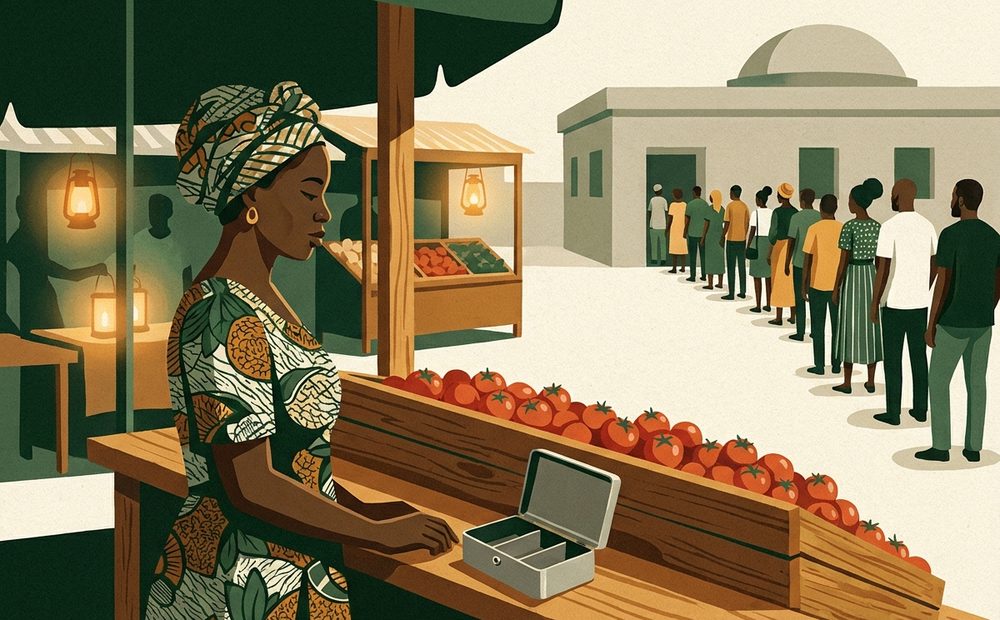 Stylized market trader with an empty cash tin as a long bank queue winds behind her