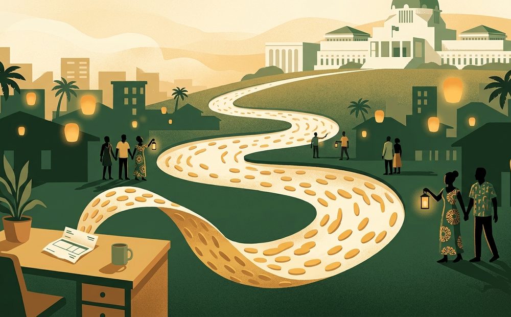 A river of coins flows from one payslip toward government buildings in a Nigerian city