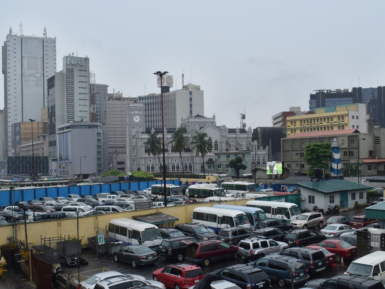 Office towers on the Marina, Lagos Island, above a busy car park
