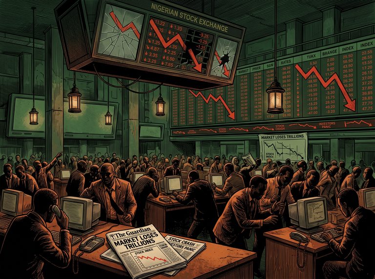 Engraved illustration of a falling index chart line, forest-green and amber tones