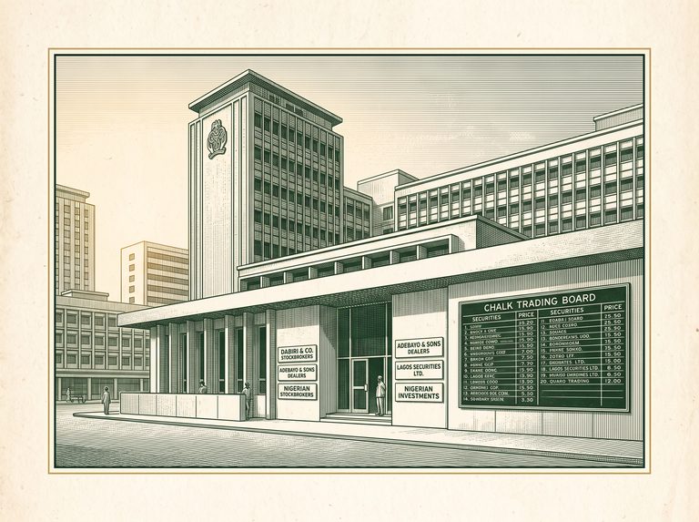Engraved illustration of a small trading floor with ledger books, forest-green and amber tones