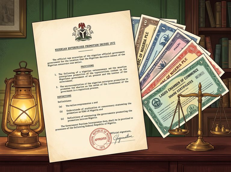 Engraved illustration of a share certificate changing hands, forest-green and amber tones