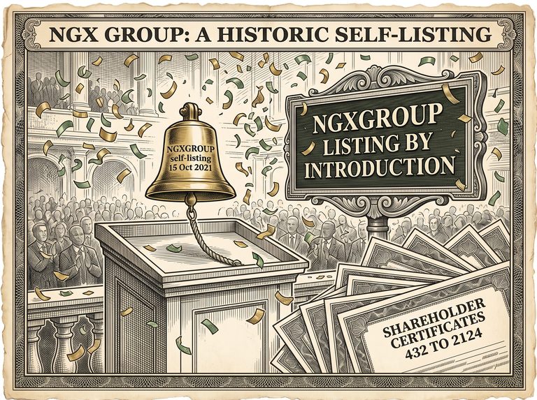 Engraved illustration of a company listing its own shares on its own board, forest-green and amber tones