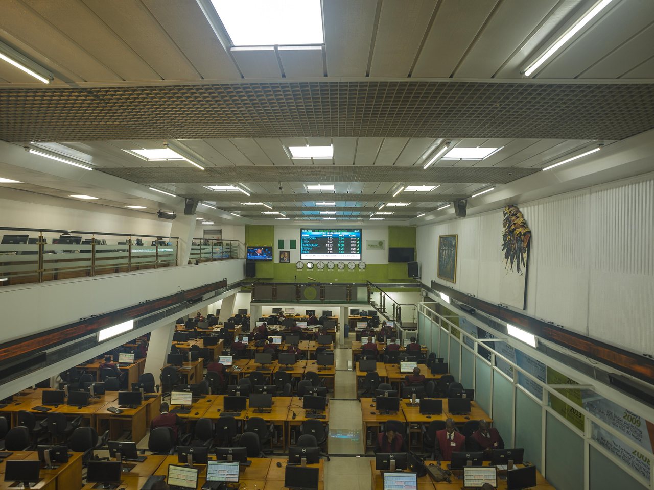 Rows of trading desks on a stock exchange floor in Nigeria