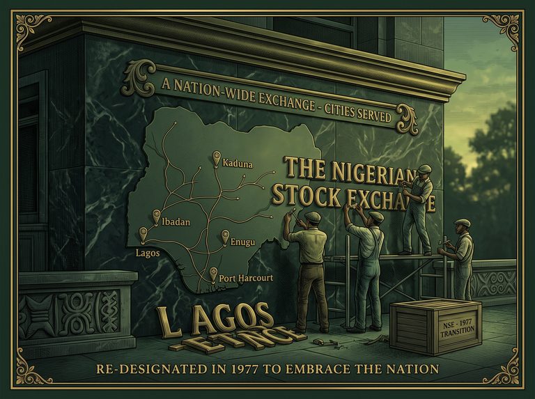 Engraved illustration of a nameplate being changed on an exchange building, forest-green and amber tones