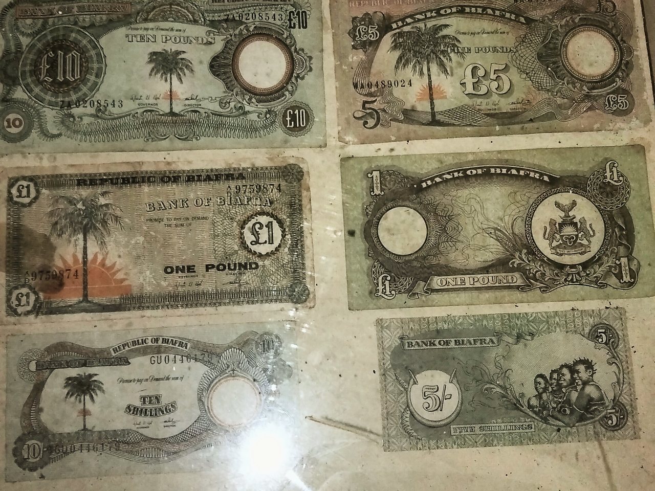 Six Biafran banknotes in pound and shilling denominations, several showing a palm tree and rising sun