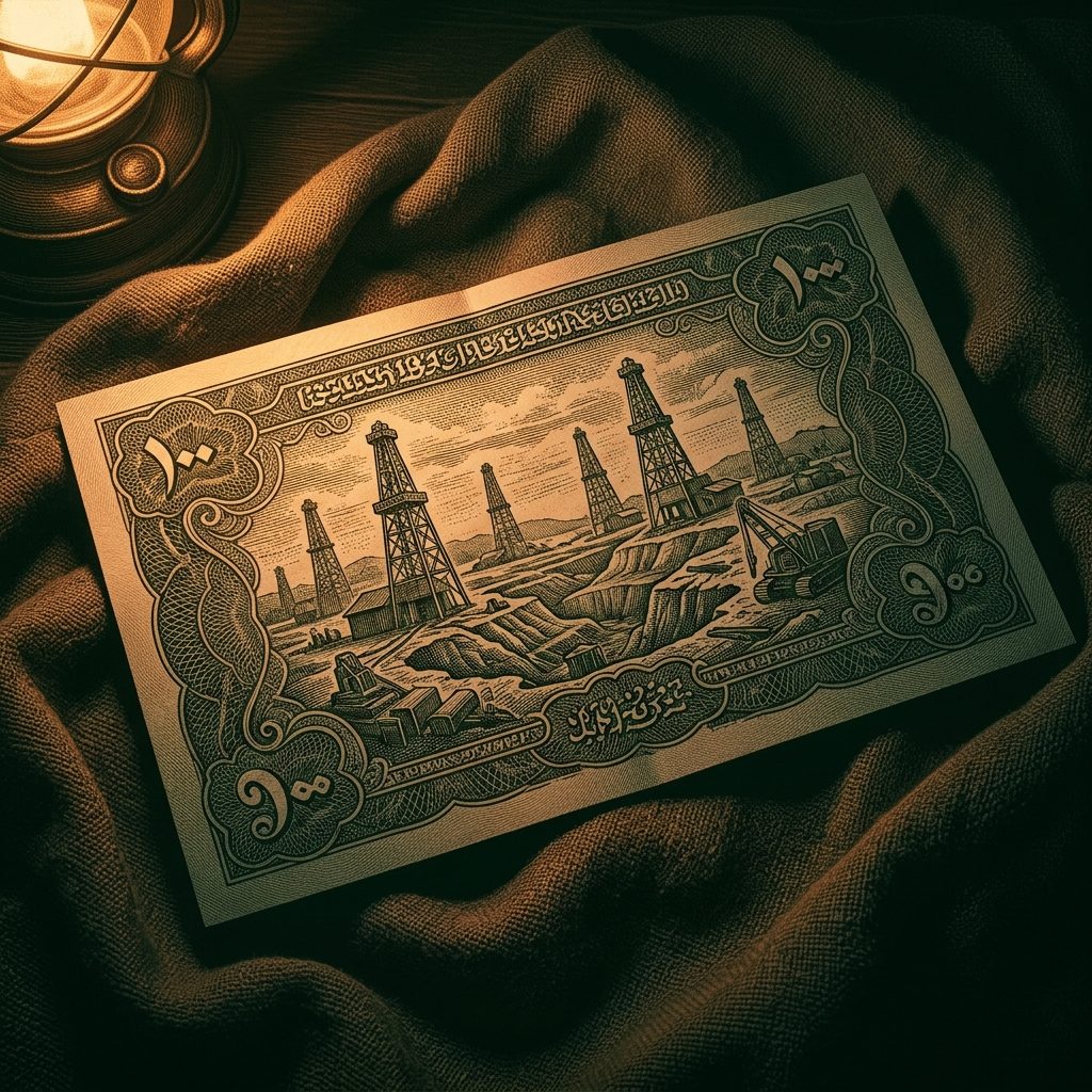 Illustration of a mid-twentieth-century Nigerian banknote bearing a generic industrial scene and ornate guilloche borders