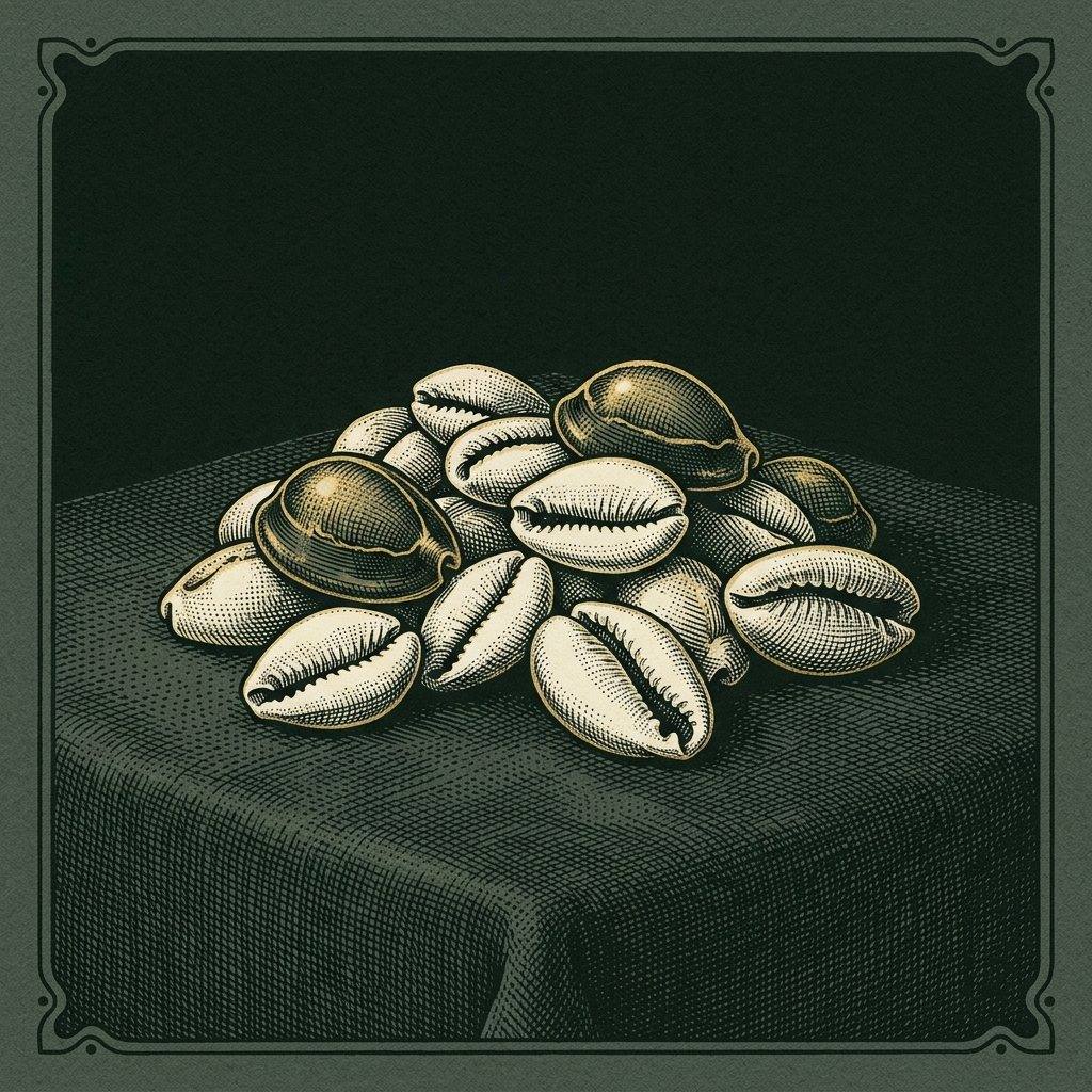Illustration of a heap of cowrie shells on dark cloth, engraved style