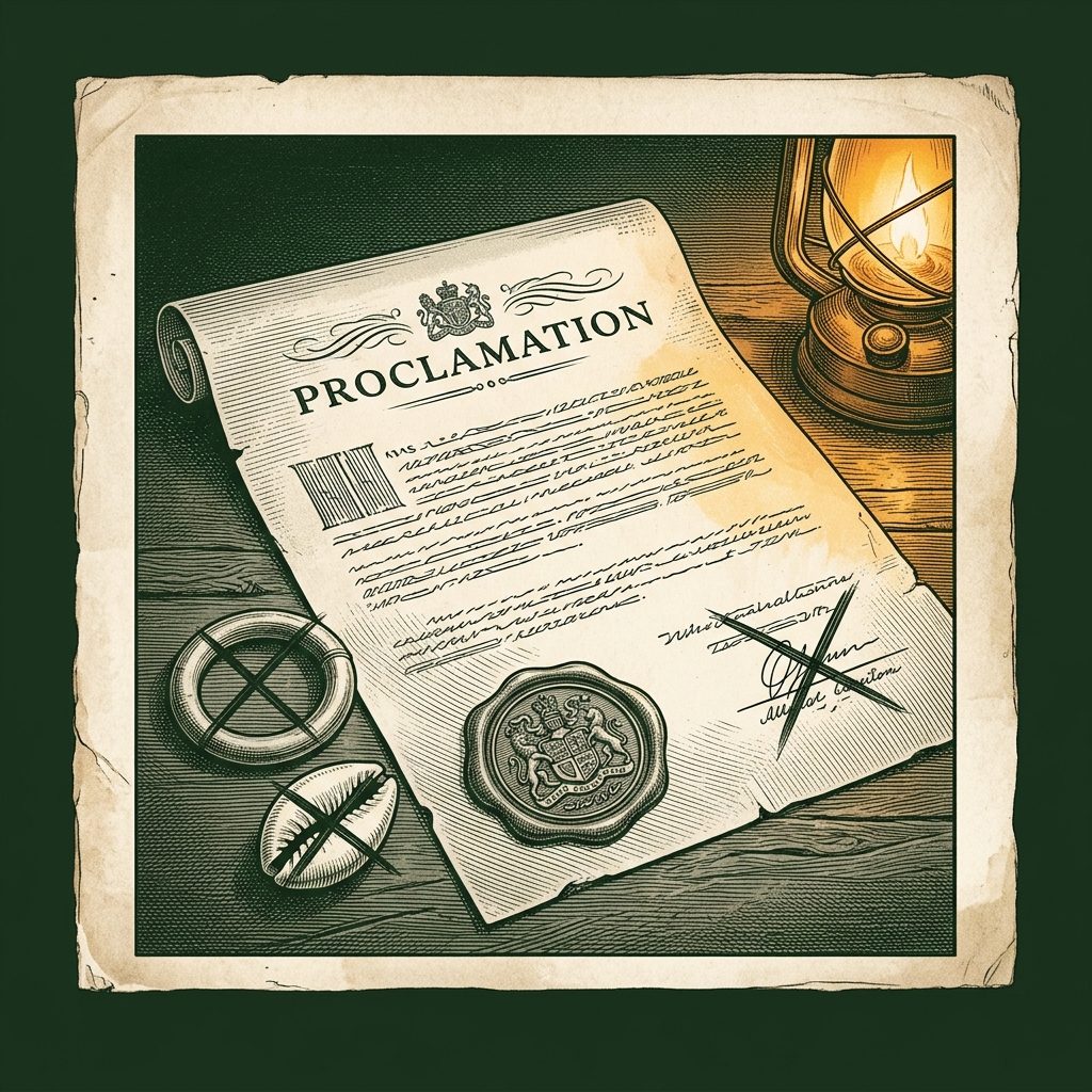 Illustration of a colonial proclamation document with a wax seal, beside a manilla ring and a cowrie shell each marked with a crossed line