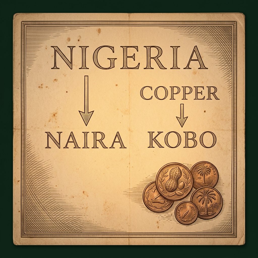 Illustration of an etymology diagram showing NIGERIA collapsing to NAIRA and COPPER collapsing to KOBO, on an old philological notebook page with copper coins