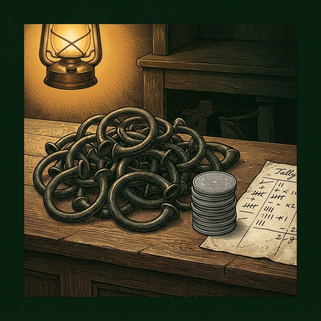 Illustration of a heap of bronze manilla rings beside a neat stack of British West African silver coins and a tally sheet, across a counter