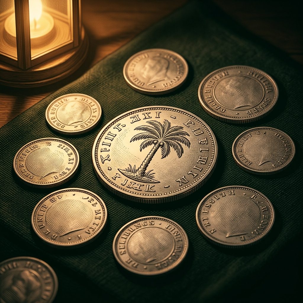Illustration of colonial-era British silver shillings and pence on dark cloth, the largest coin bearing a palm tree emblem