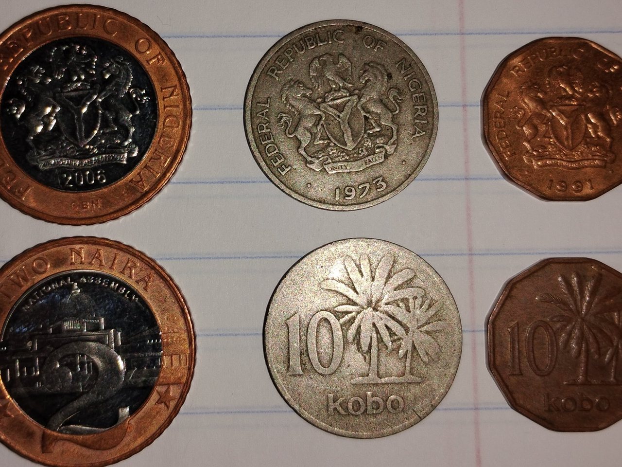 Nigerian naira and kobo coins laid out on lined paper, one dated 1973