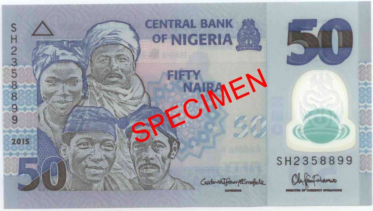 Polymer fifty naira note showing four Nigerians in traditional headgear and a transparent security window with the coat of arms