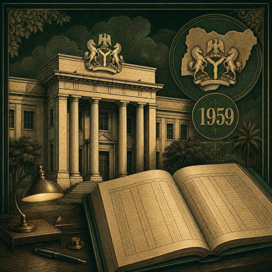 Illustration of a mid-twentieth-century Nigerian banknote bearing a generic industrial scene and ornate guilloche borders