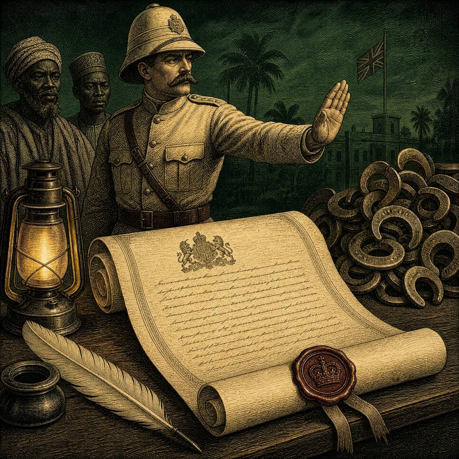 Illustration of a colonial proclamation document with a wax seal, beside a manilla ring and a cowrie shell each marked with a crossed line