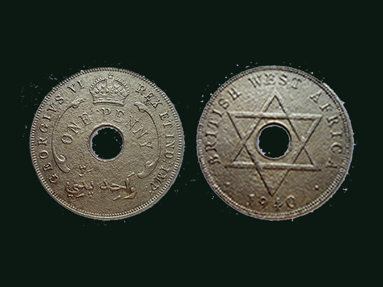 Both faces of a holed British West Africa one penny coin dated 1940
